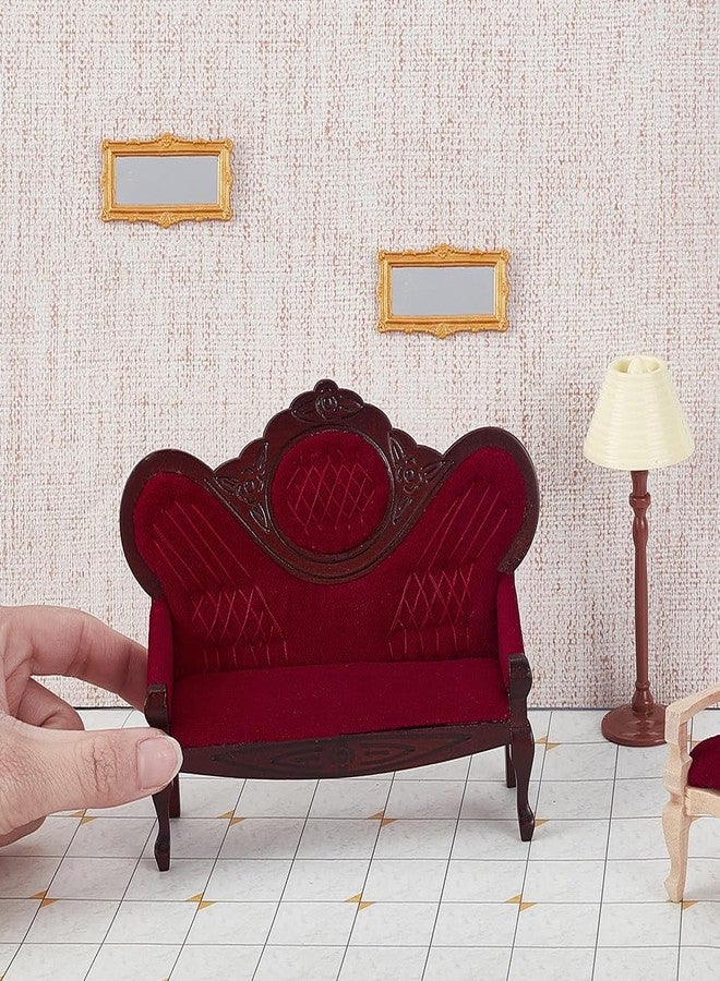 AHANDMAKER Dollhouse Furniture Miniature Accessories, 1/12 Scale Mini House Vintage Red Wooden Carved Sofa Bench Armchairs for Dollhouse Living Room Scene Simulation Craft Decoration Party - Image 3